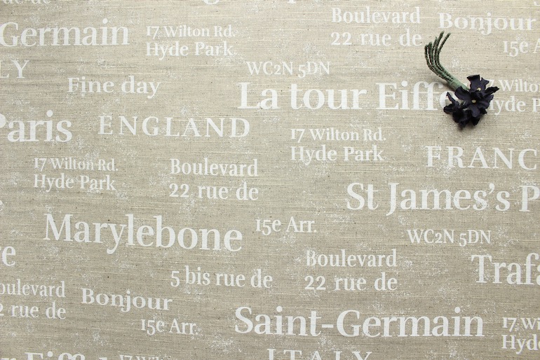 Jca綿麻ダブル巾英字柄ジェイムスパーク 生成り